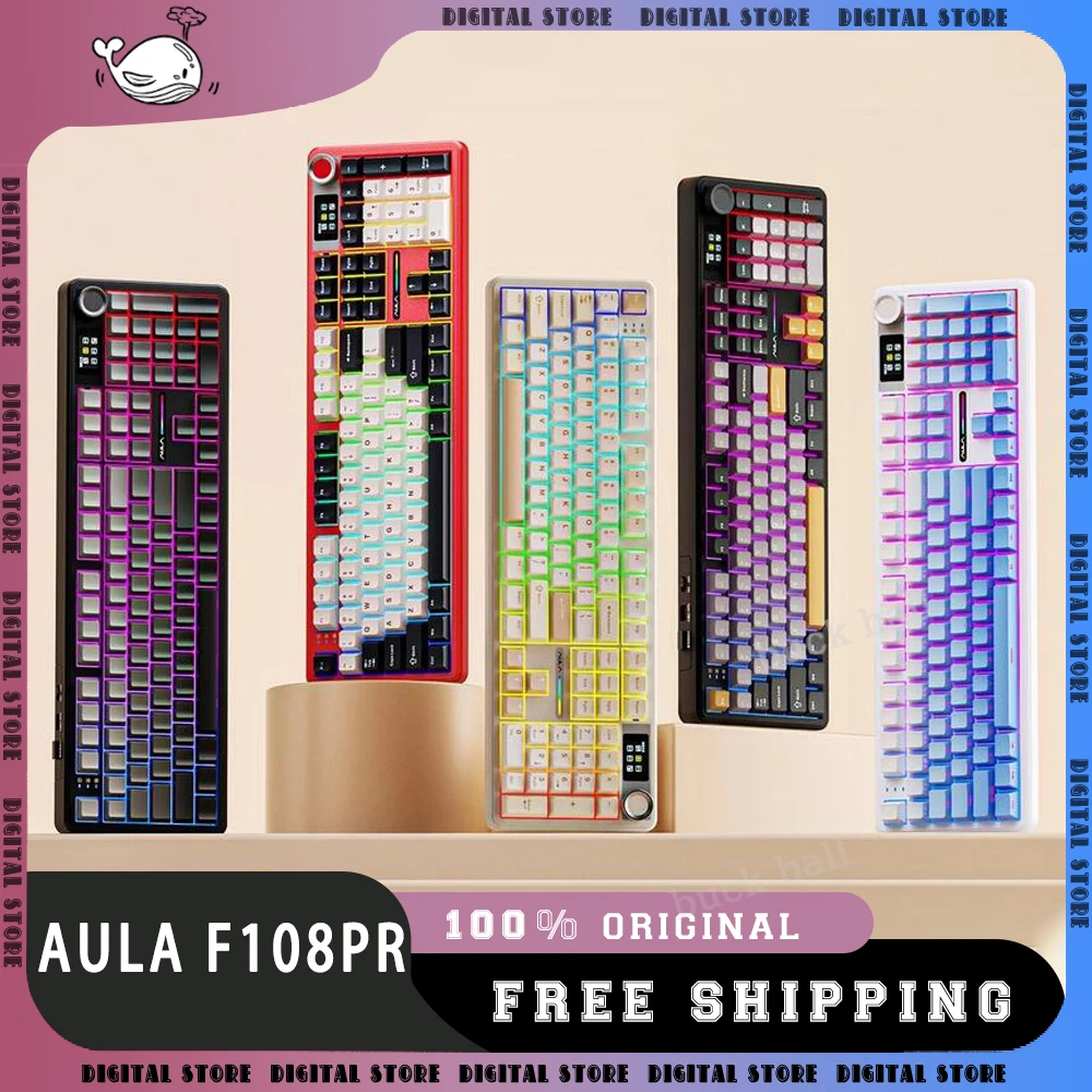 Aula F108Pro Mechanical Keyboard Three Mode Bluetooth Wireless Keyboard Multi functional knob Customized Gasket Keyboard PC Gift