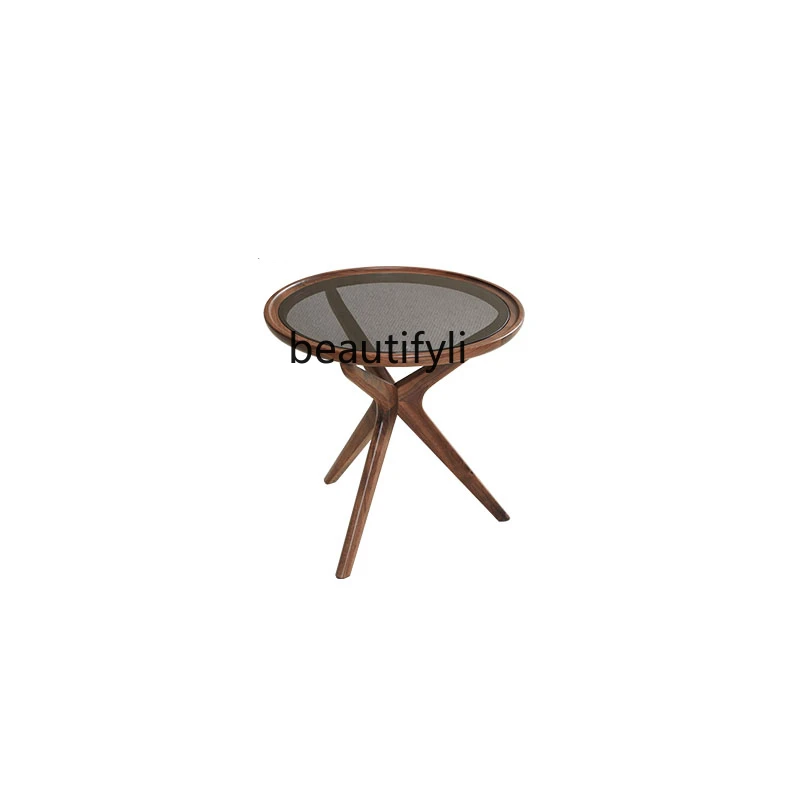 Table d'Appoint Ronde en Bois Massif, Petite Table d'Angle en Verre de Luxe, Brochure Noire, Amérique du Nord