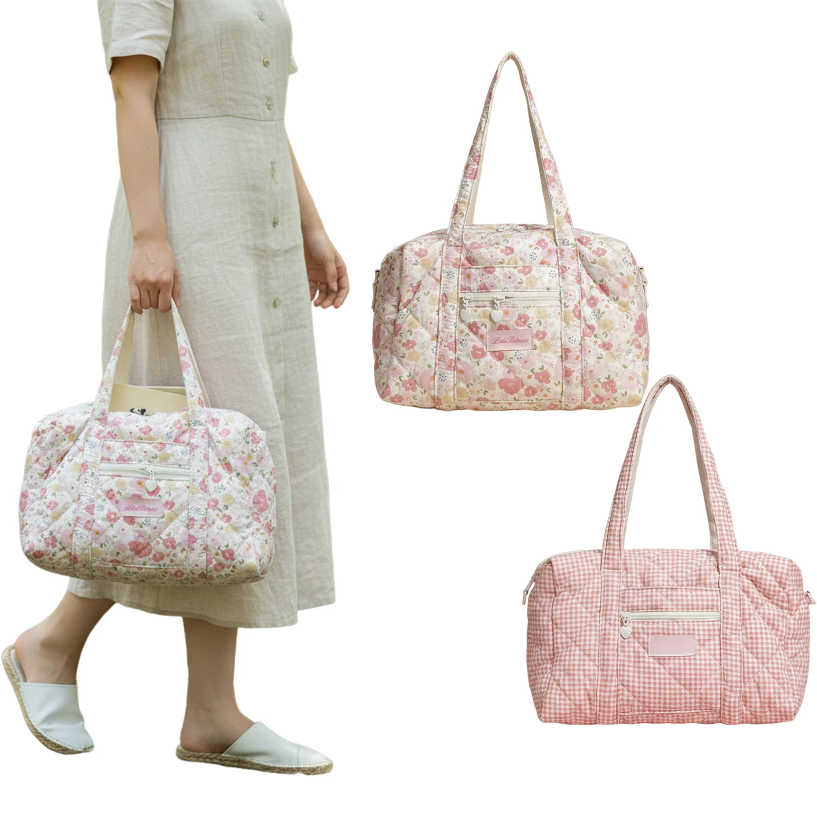 

Women Floral Quilted Tote Bag Large Capacity Lightweight Padded Shoulder Handbag for Commuting Shopping Travel School Office