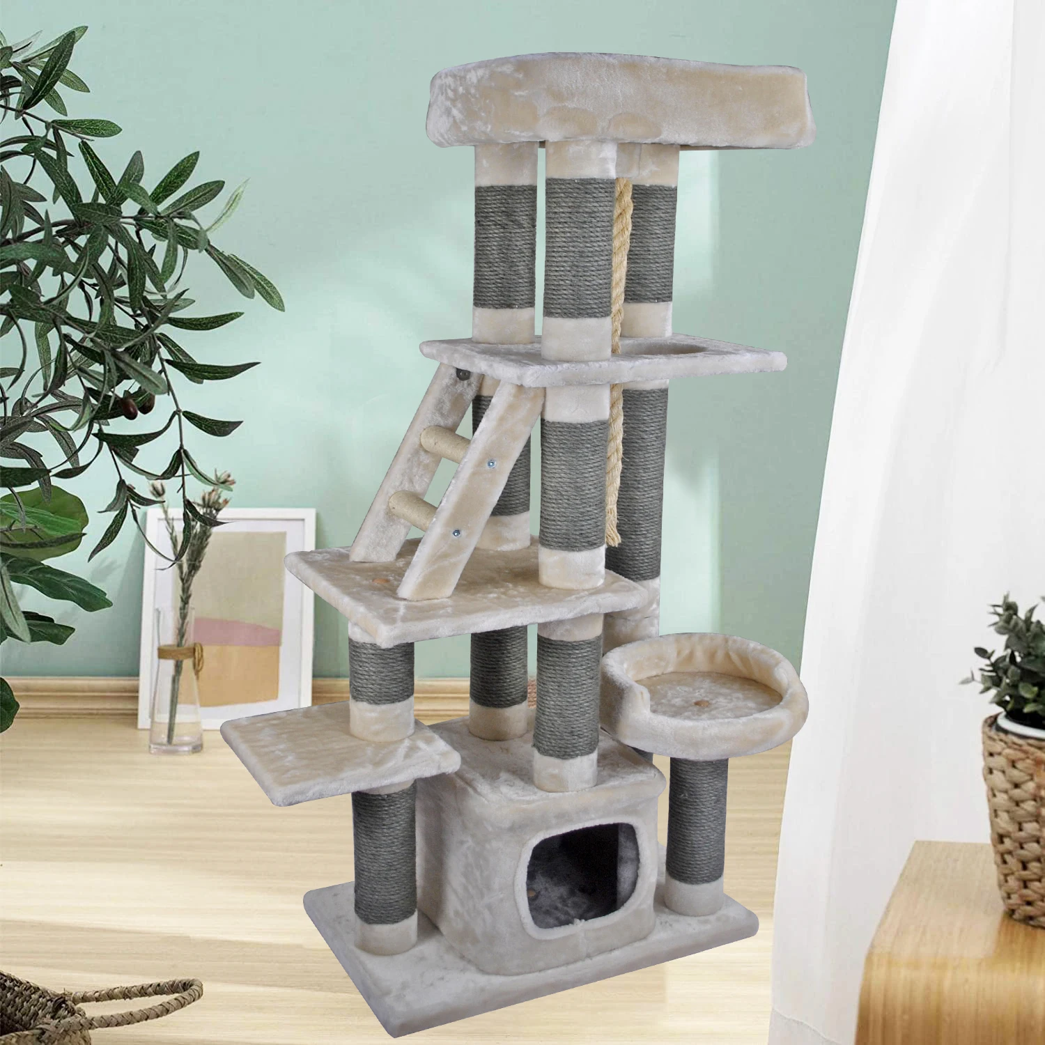 cat tree cat scratching post scratcher furniture wood cat tower with toys hammock caves and stairs