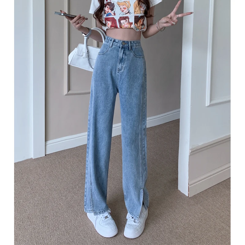 

Джинсовые джинсы с разрезом и высокой талией. Женские осенние прямые брюки больших размеров. Street Sle. Модные Ins ort plus Size High Street.