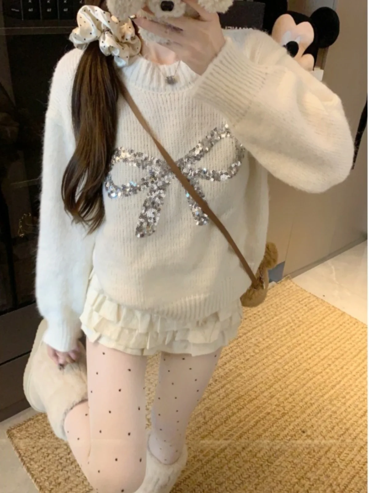 Herfst Winter Glitter Knoop Trui Hoge kwaliteit Gebreide Loose Fit Ele Long Sve ronde Ne Faion Top