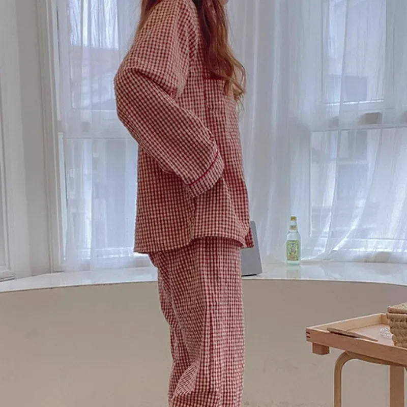 Korean Version Plaid Pajama Women Long Sleeve Sleepwear Spring Thin Loungewear Plus Size Red Nightwear Lapel Casual Homewear Set