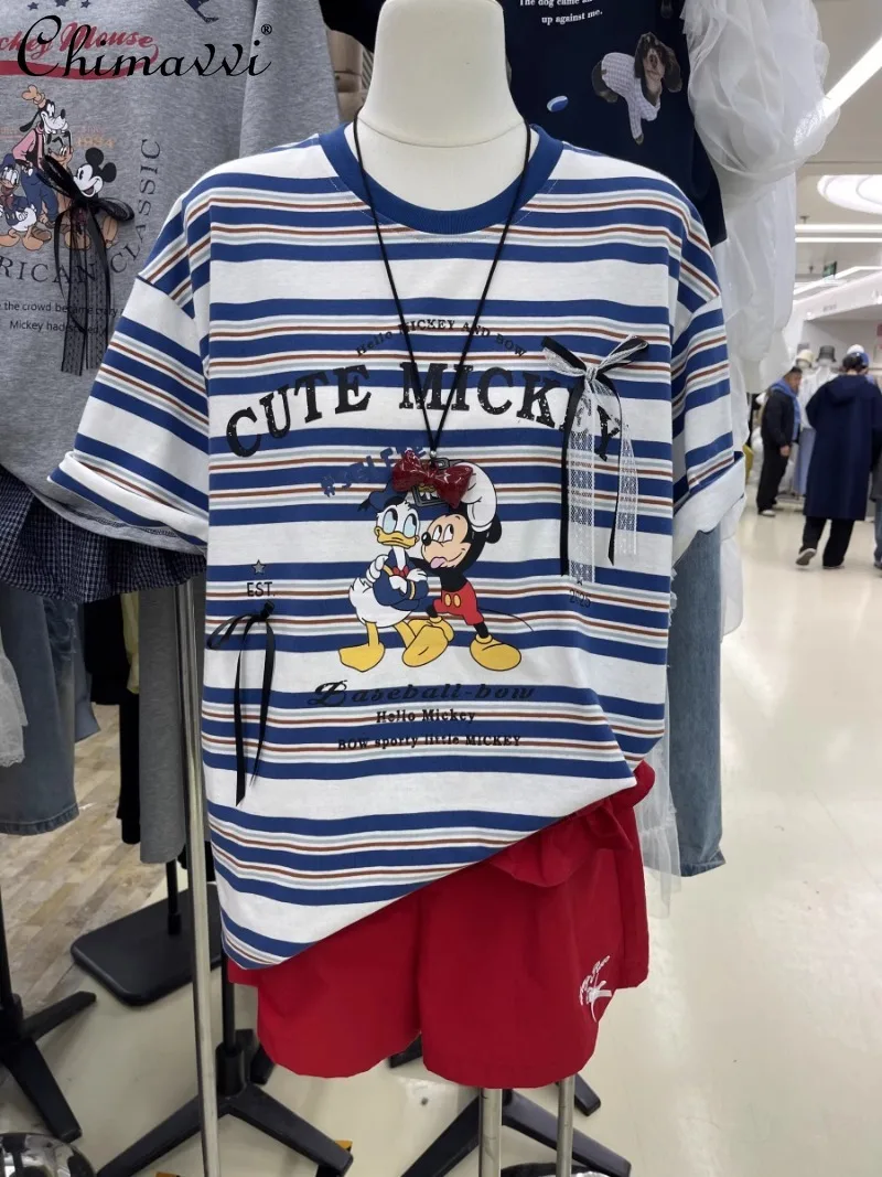 

2025 American Retro Summer Contrasting Stripes Heavy Industry Printing Brown Red Mickey Stripes Short-sleeved T-shirt For Women