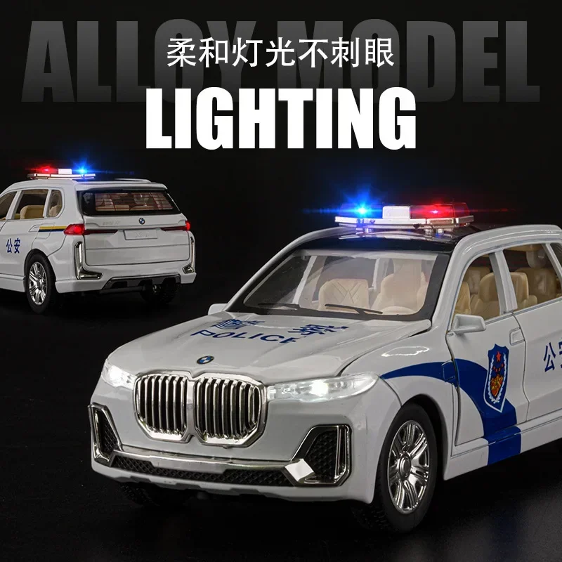 1:24 DLA BMW X7 Samochód policyjny Wysoka symulacja Diecast Metal Alloy Model samochodu Dźwięk Światło Pull Back Kolekcja zabawek Prezenty