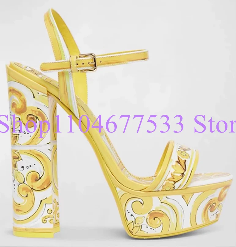 Blue And White Porcelain Chunky Heel Plaform Sandals Lady Fashion Printed Flower Woman Dress Sandals Sexy Beach Shoes