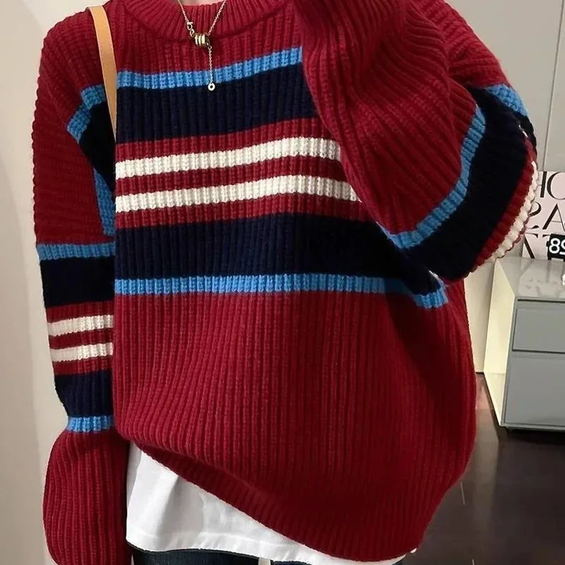 

Autumn Winter Loose Soft Contrasting Color Design Red Striped Knitted Sweater Women's Top Comfortable Crew Neck Sleeveless