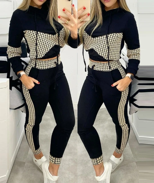 

Two Piece Set Women Outfit 2025 New Houndstooth Print Patchwork Long Sleeved Casual Hooded Top & High Waist Pocket Pants Set