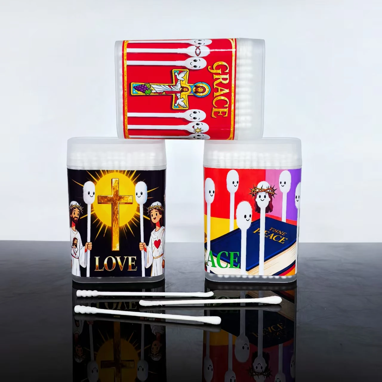 300 قطعة من مسحات القطن الإبداعية I Love Jesus، براعم قطنية برأسين ذات ضوء ديني، مسحات قطنية هدية يسوع الثناء