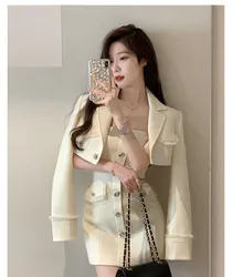 2023 Autumn Korean Fashion Sets For Women 2 Pieces Short Jacket Coat And High Waist Slim Derss Long Sleeve One Piece Dress Set