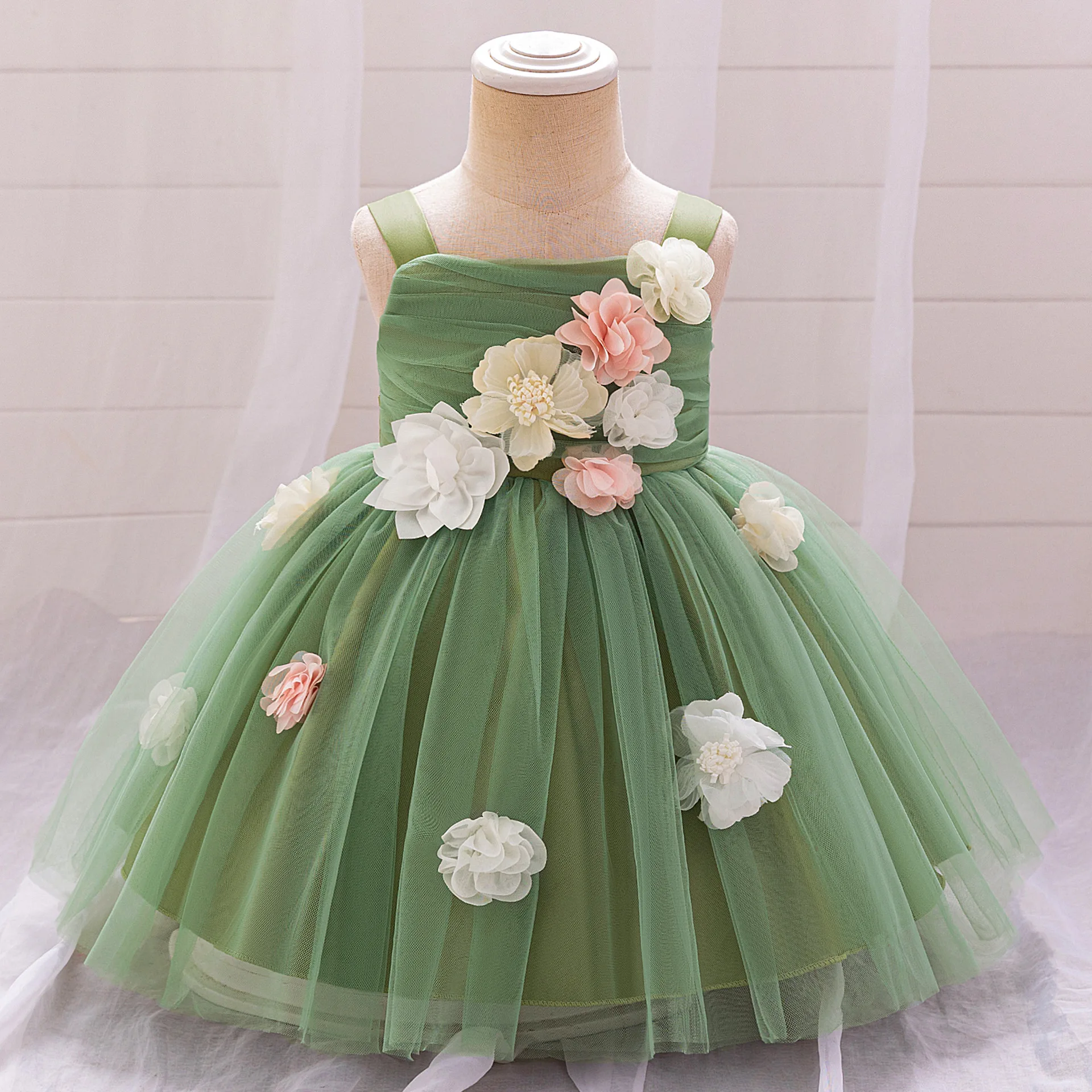 0-3 Years New Summer Baby Girls Dress Cute Flower Inlay Embellishment Strap Design Sleeveless Dress For Kids