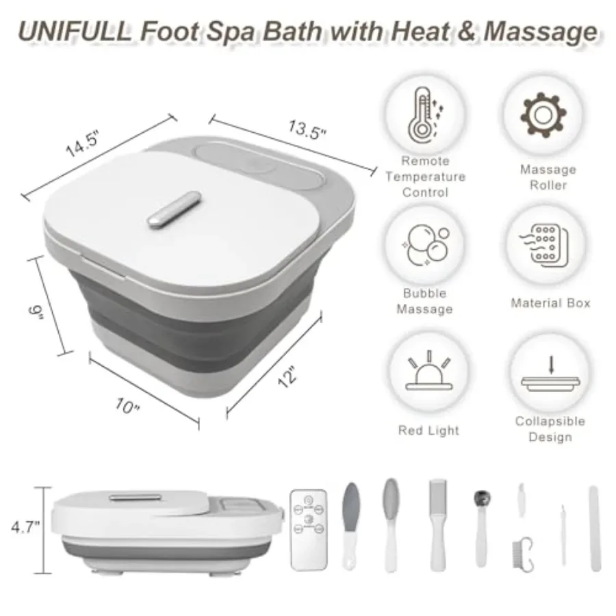 Banho dobrável para spa de pés com calor e rolos de massagem Kit de pedicure para pés com bolhas com controle de temperatura e luz vermelha