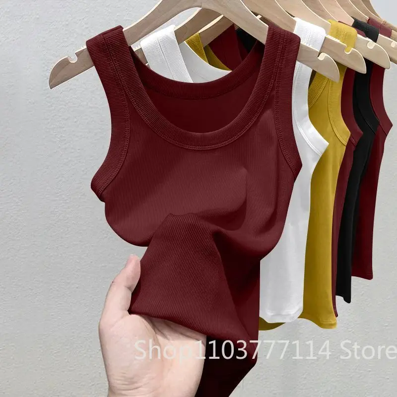 Damen Einfarbiges Geripptes Top mit Rundhalsausschnitt Sommer Basic Elastisches Spaghetti-Träger-Top Leichtes Kühles Basis-Shirt Ärmellose Weste – Detail 10