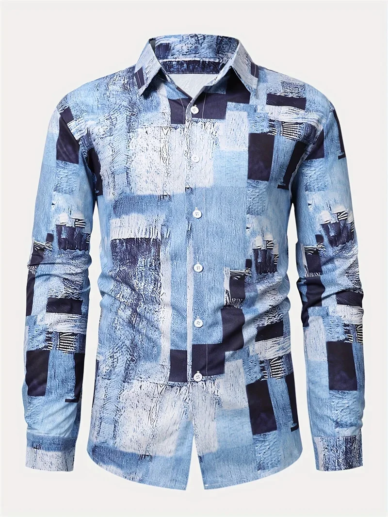 

Men's New Color Block Design 3D Printed Shirt Retro Fashion Simple Business Casual Natural Long Sleeve Lapel Button Shirt