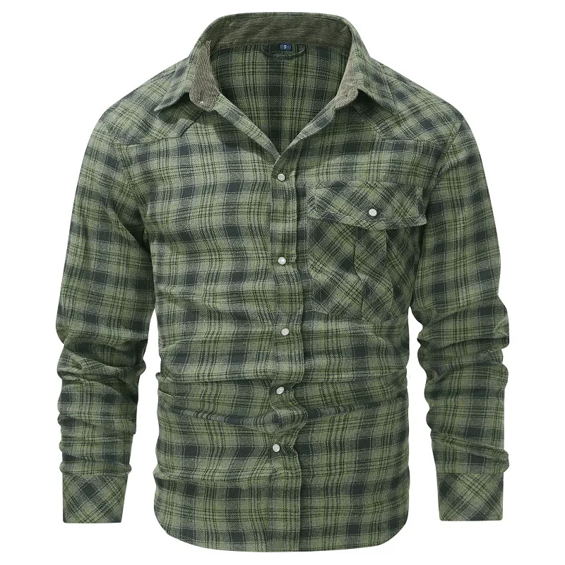 Venta caliente nueva camisa de franela a cuadros a rayas con botones para hombre, senderismo de negocios caza táctica pesca retro occidental casual f