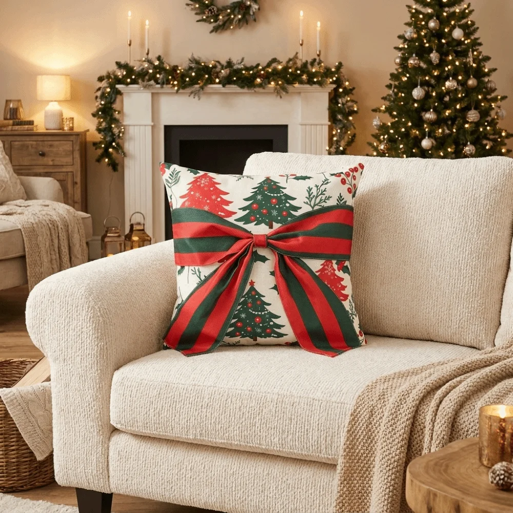 Bow Design Christmas Pillow Cover Snowflake Square Xmas Tree Pillowslip Exquisite Soft Santa Pillow Cover Christmas