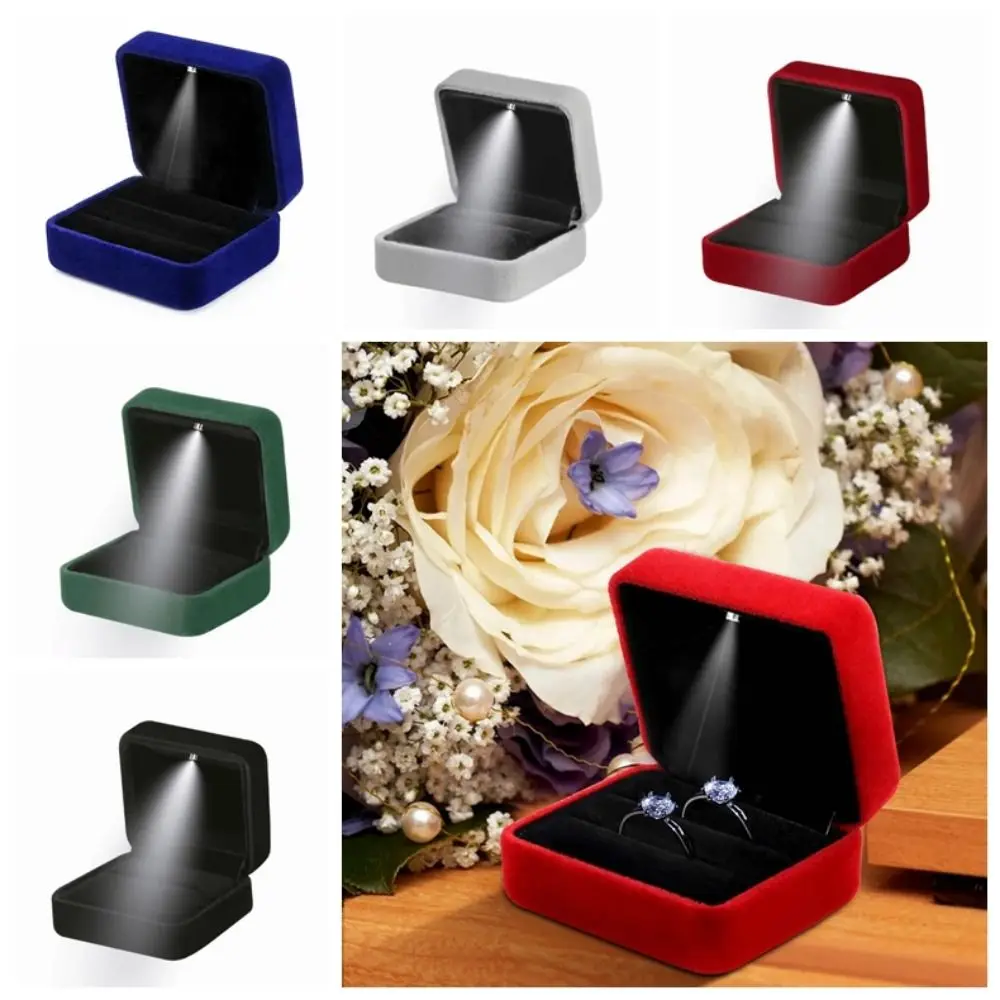 

Velvet LED Ring Jewelry Box Square Shape Solid Color LED Light Ring Display Case Reusable Portable Ring Holder Case