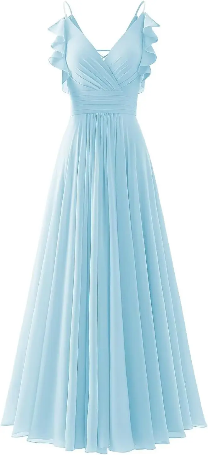 スパゲッティストラップ V ネックブライズメイドドレス 女性用 ロングフリル シフォン スパゲッティストラップ A ライン プリーツ フォーマルイブニングドレス