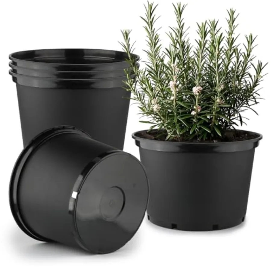 10 Gallon Plastic Nursery Pots for outdoor and indoor gardening, black, durable polypropylene with drainage holes, 5-pack large