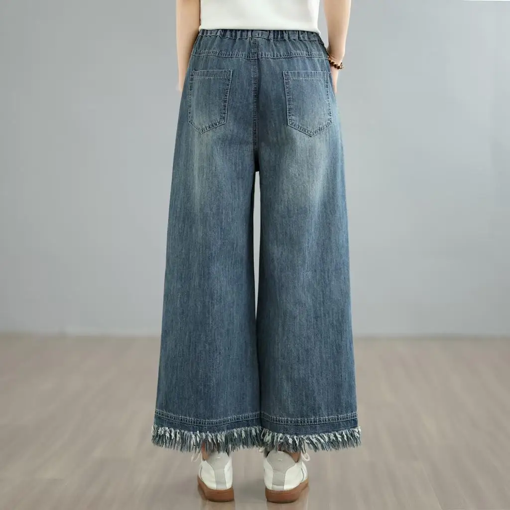 New 2026 Spring Women Denim Trousers, Elastic Waist Rabbit Embroidery Tassel, Mori Girl Cute Versatile Wide Leg Jeans B63990CC