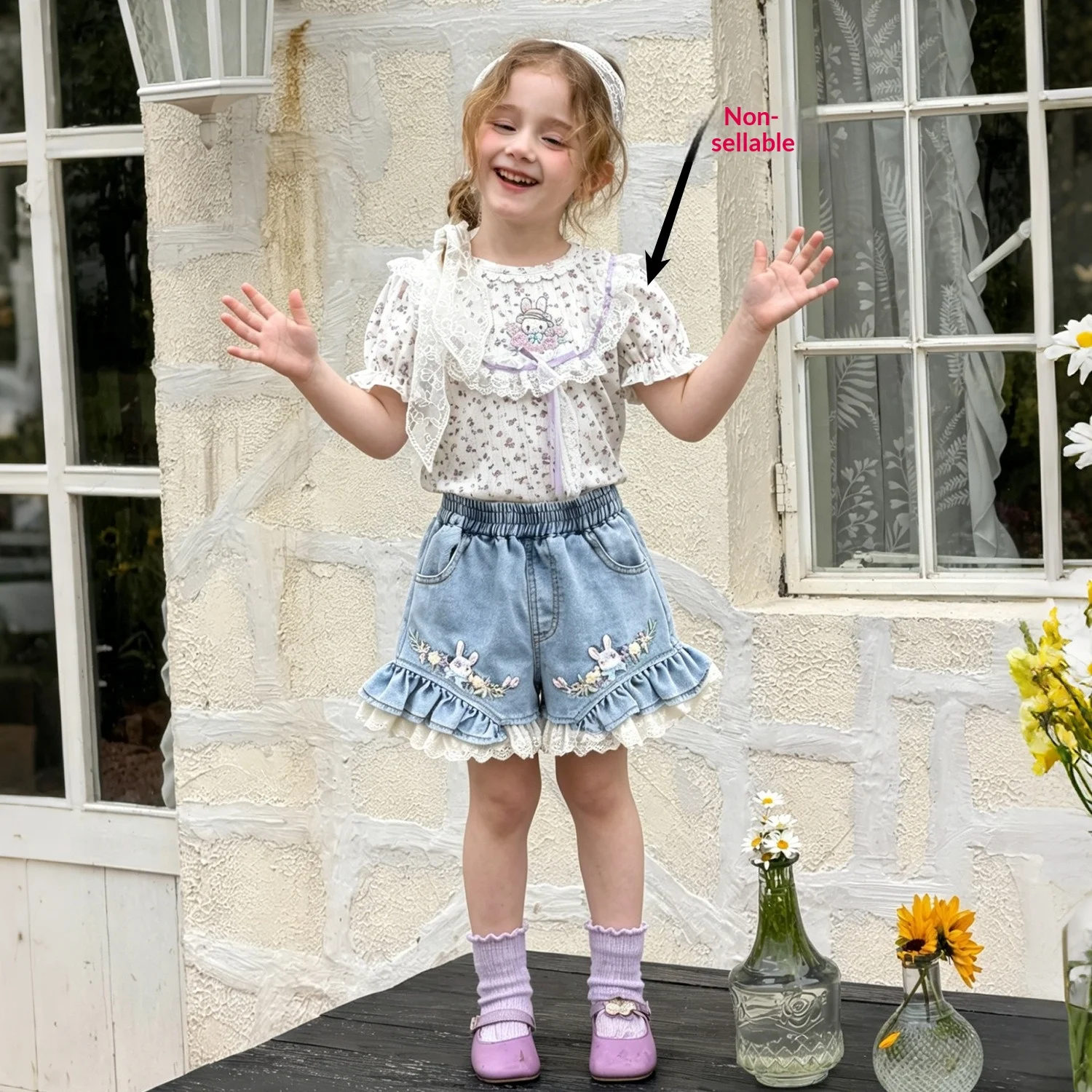 

New Arrival Toddler 1-12Y Girl Korean Cute Jean Bottoms, Bunny Stitch Frill Edge Short Trousers for 90-150cm