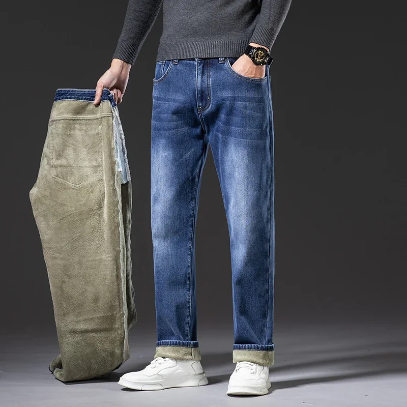 Plus Size 40 42 44 46 Winter Warm Men's Loose Jeans Business Fashion Stretch Fabrics Fleece Thickened Denim Pants Male
