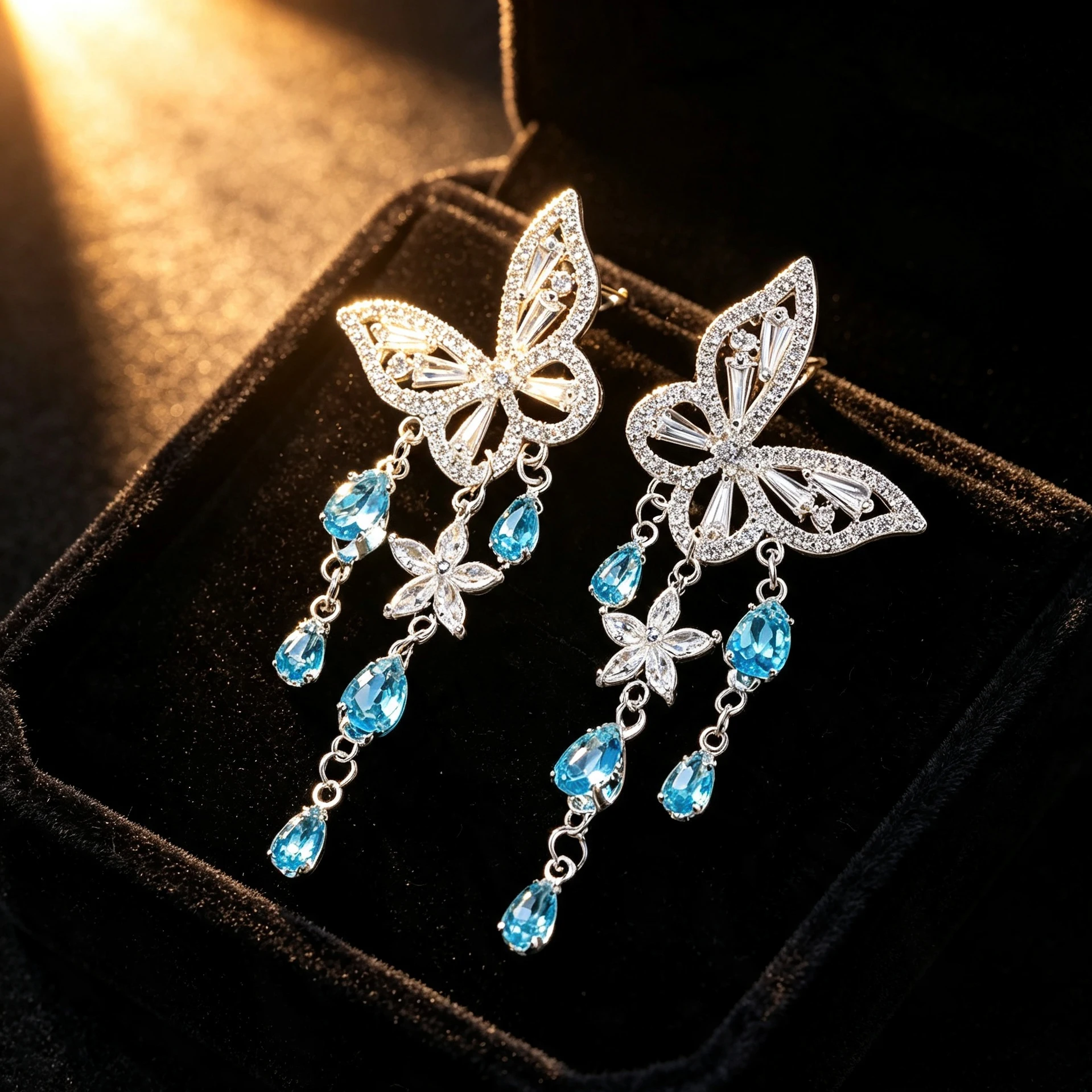 S925 Sterling Silver Butterfly Blue Crystal Tassel Earrings Sparkling Zircon Drop Earrings for Women Party Wedding Jewelry Gift