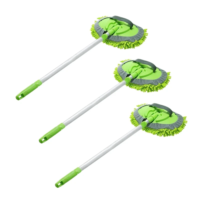 3X 2 In 1 Car Wash Mop Mitt With Long Handle, Chenille Microfiber Car Wash Dust Brush Extension Pole 24-46In