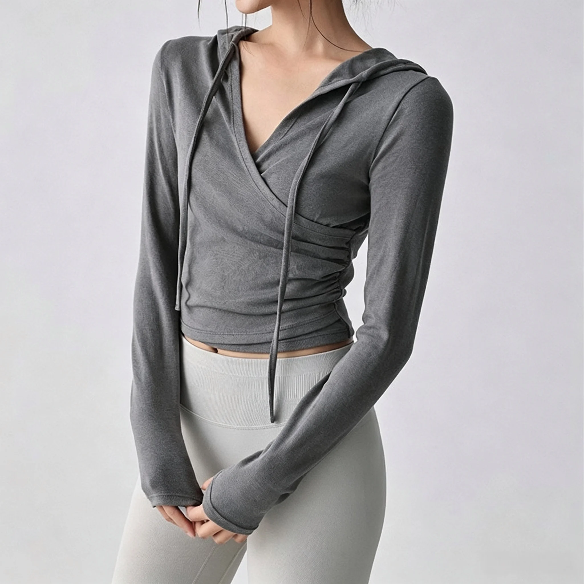 Damen Slim Fit Yoga-Shirt mit Kapuze, V-Ausschnitt, Langarm-Oberteil für Outdoor-Fitness, Laufen, Yoga, Sportbekleidung, Schlankmachende Trainings-Oberteile – Detail 2
