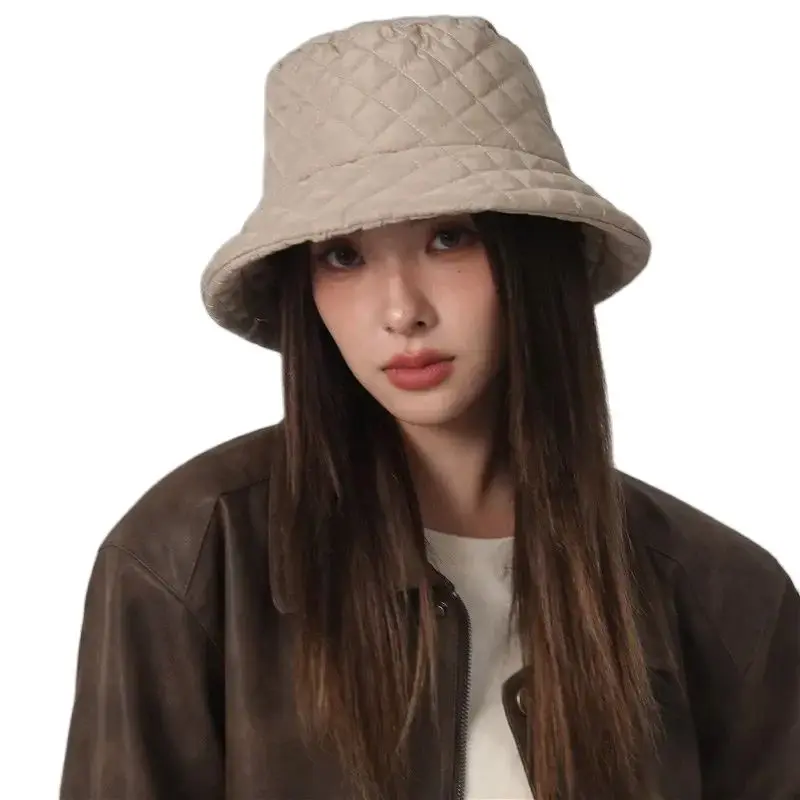 Women Winter New Ultra-light Down Cotton Rhombus Fisherman Hat  Cap Cotton Jacket Warm Korean Casual y2k Pot Hat Panama Caps