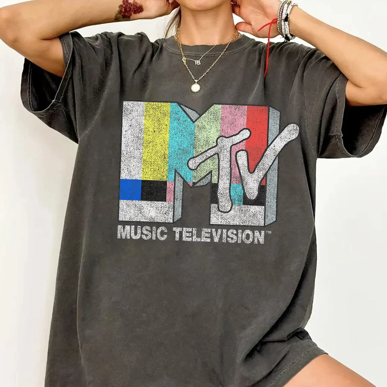 MTV Classic Retro TV Signal Logo T-shirt, 80s and 90s Retro MTV Family Wear, Girls' Music TV Signal Logo T-shirt