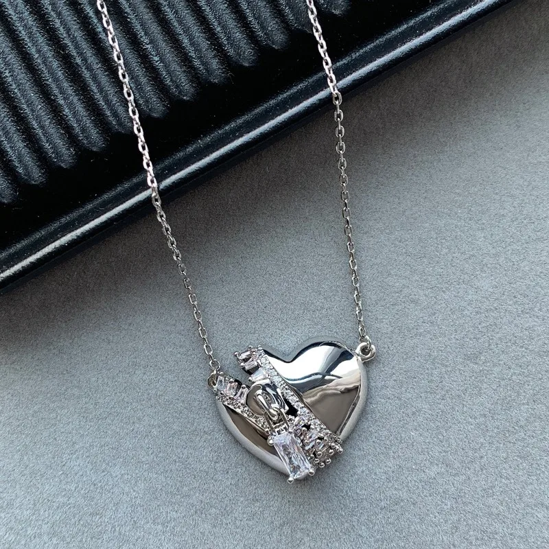 ハート型ネックレス,クリスタルジッパー付き,柔らかくてクールなシリーズ,光沢のあるシルバー,オリジナル,絶妙,ウェディングジュエリー,ファッション,925