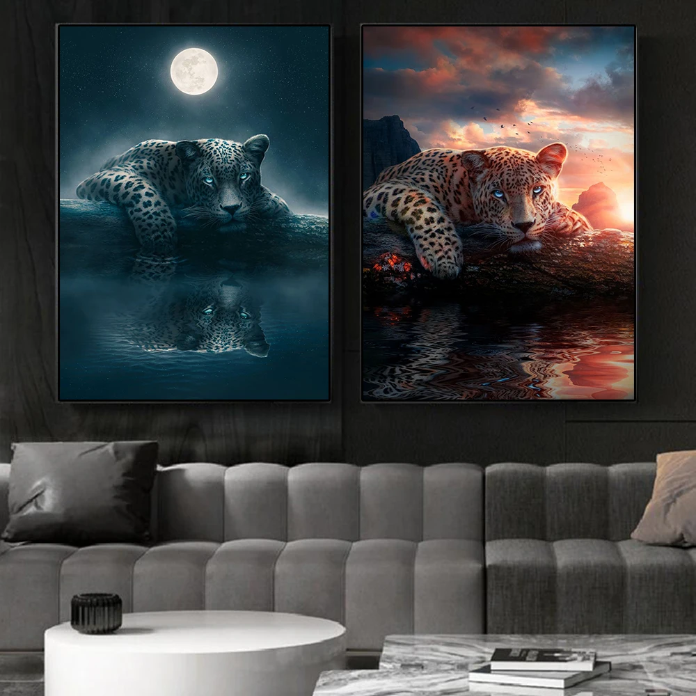 Animal Series Sunset and Night Moon Jaguar Wall Aesthetic Art Canvas Painting Cool Poster Prints Living Room Home Decor Pictures