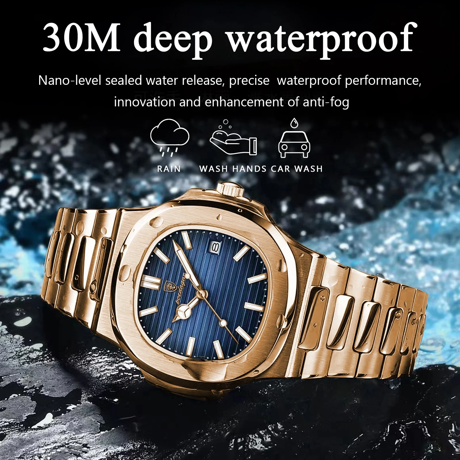 POEDAGAR Luxury Man Wristwatch Business Stainless Steel Quartz Men Watch Waterproof Luminous Date Square Men\'s Watches Clock+Box