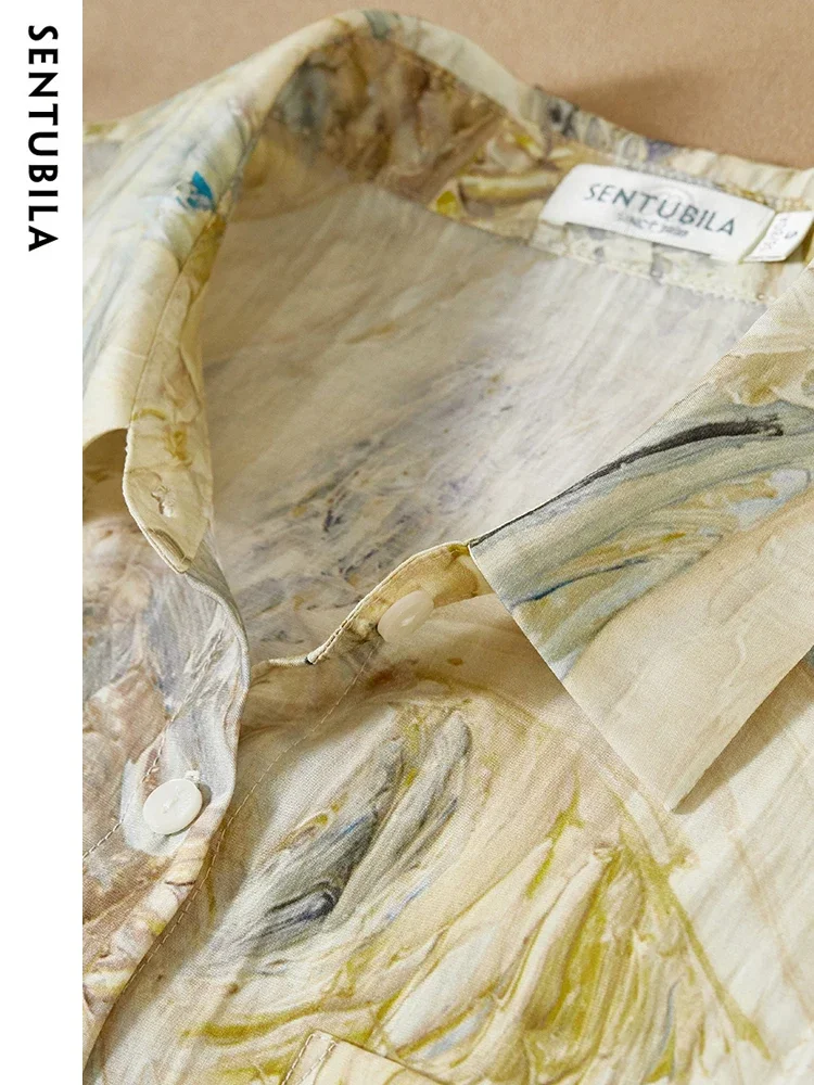 SENTUBILA Summer Shirts For Women 2025 Fashion Chinese Brush Painting Roglan Sleeves Stand Collar Elegant Blouses & Shirts