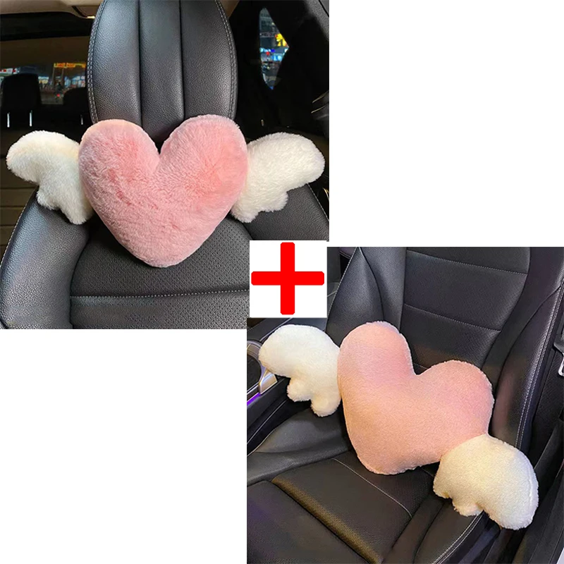 Car Headrest and Lumbar Pillow Heart-Shaped Plush Love Neck Pillow Seat Back Pillow Lumbar Support Cushion Car Accessories