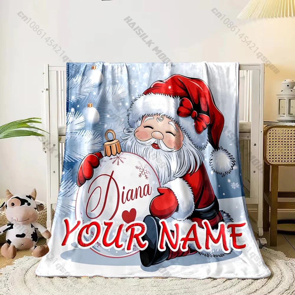 Personalized Custom Name Christmas Blanket,Cute Santa Holding Christmas Bauble Print Warm Bed Sofa Blanket,Xmas Gift for Family