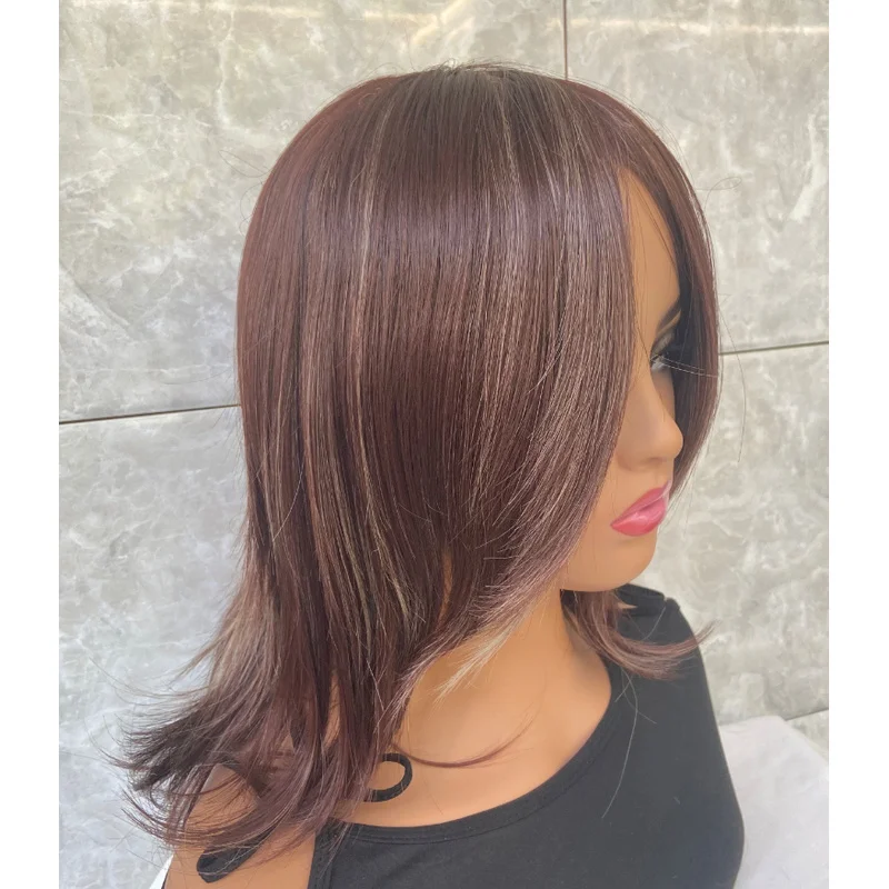 Short Bob Highlight Mix Brown Hair Blend Heat Ok Wigs Women Soft Natural