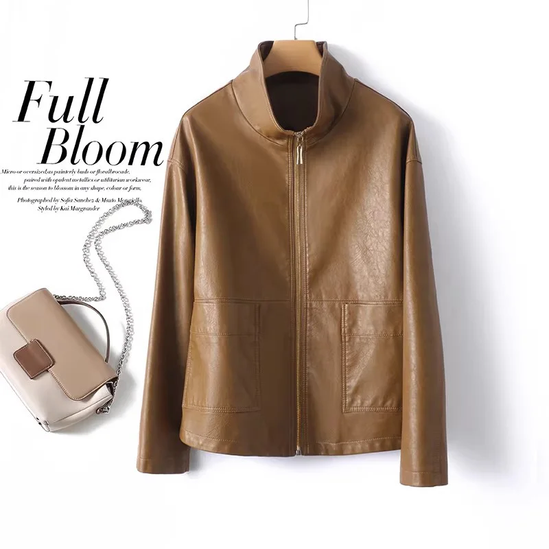 Nueva Chaqueta de Cuero Sintético para Mujer, Estilo Simple, Cuello Alto, Cintura Ancha, Holgada, Informal, Corta, para Primavera y Otoño