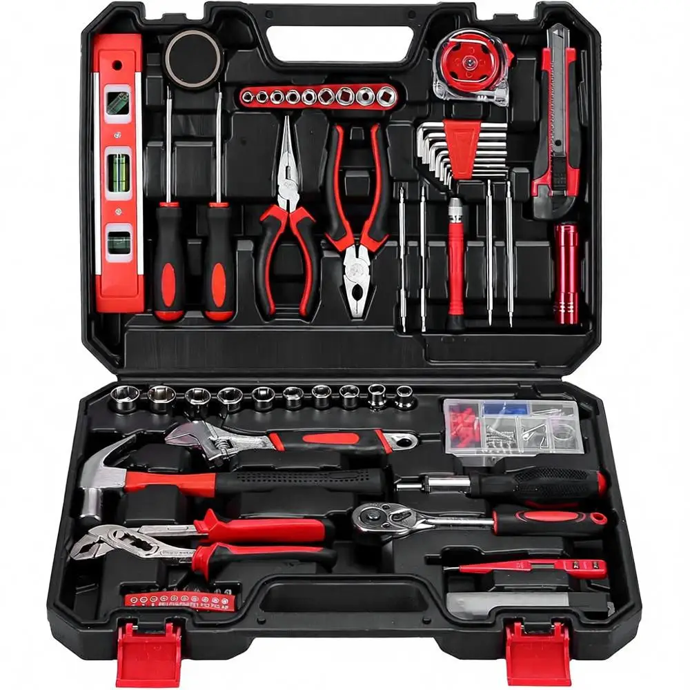 

120-Piece Essential Home Tool Kit with Red & Black Plastic Storage Case