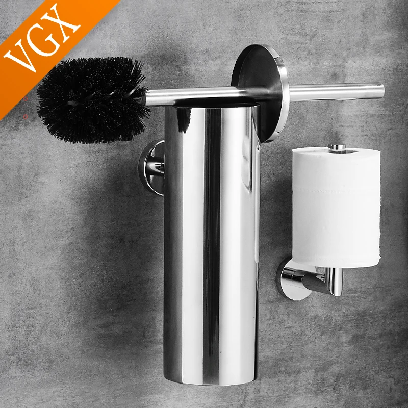 VGX Bathroom Toilet Brush Holder Stainless Steel Wall Mount Cleaning Brush Holder Set Household Accessories Black Brushed Chrome