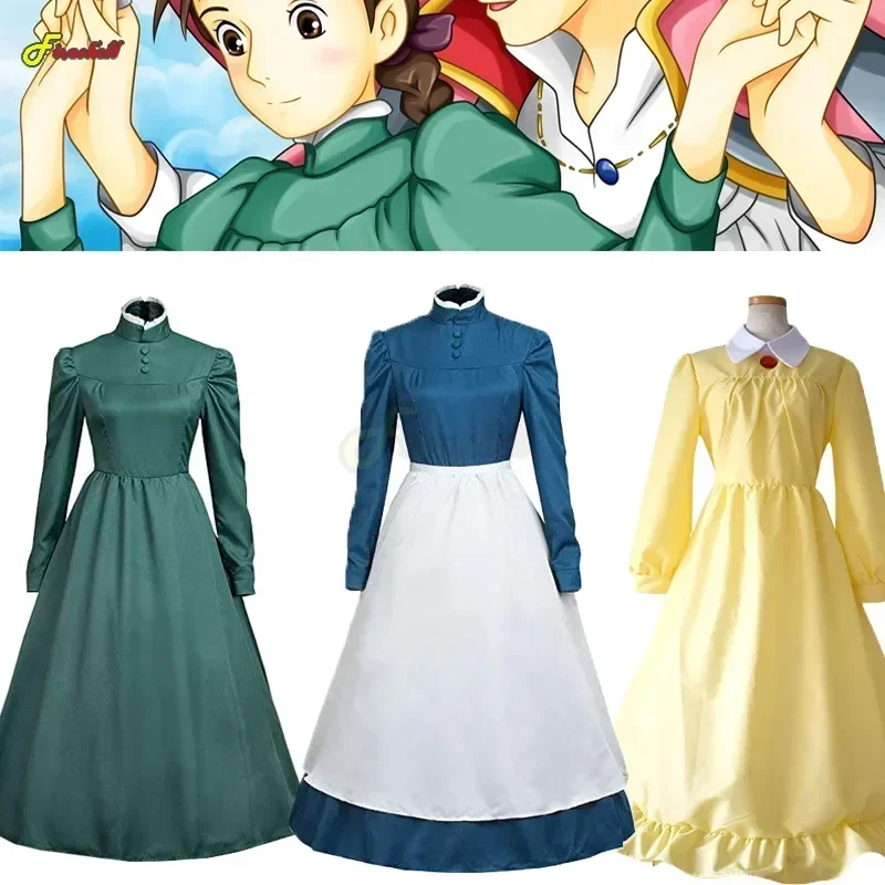 Japanese Anime Howl Moving Castle Hatter Wizard Howl Sophie Cosplay Blue Long Sleeve Maid Dress Halloween Fancy Cosplay Costume