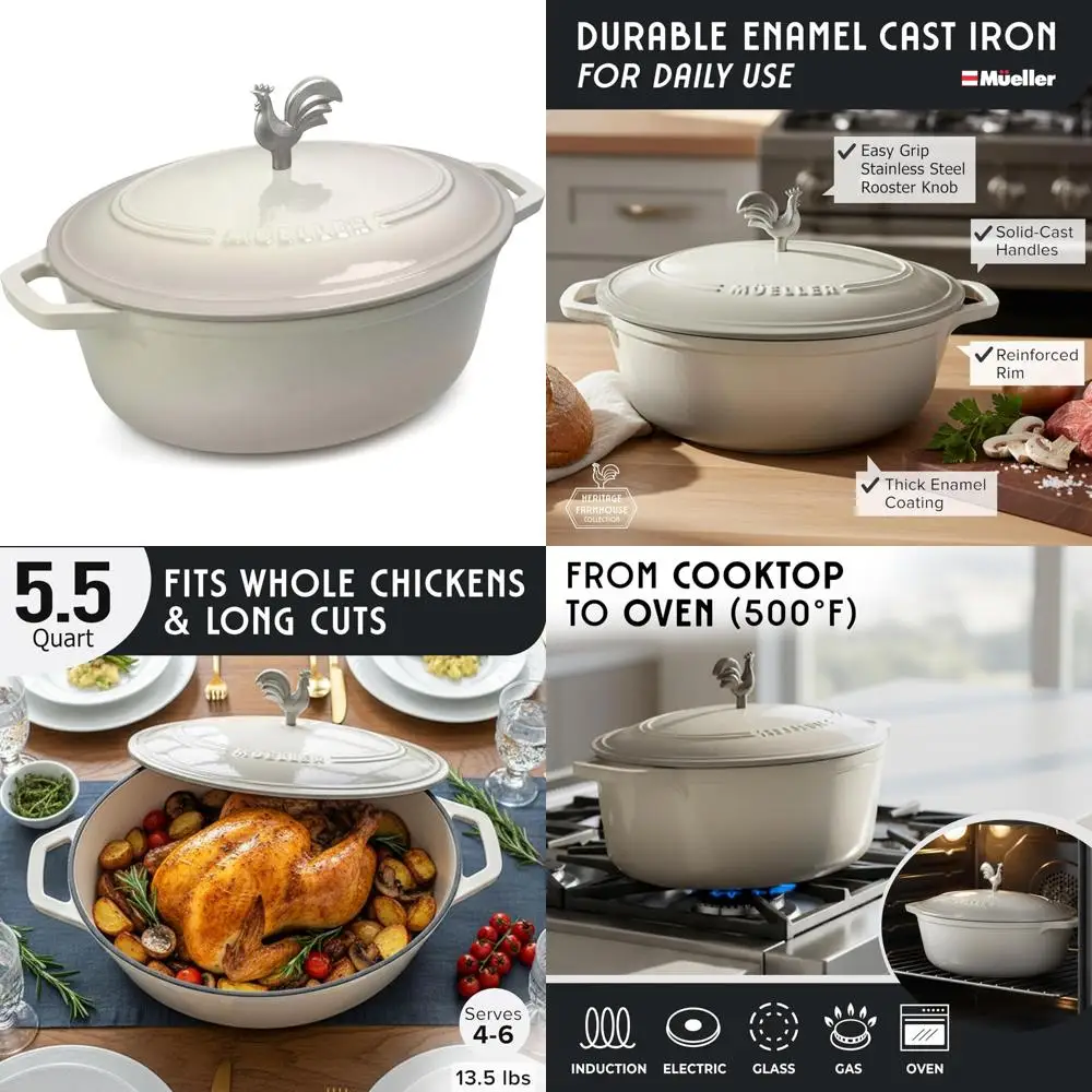 

Овальная голландская духовка из эмалированного чугуна, 5,5 литра, сверхпрочная посуда, ручка для петуха, безопасная для духовки до 500 лет. ° F, подходит для всех приготовления пищи