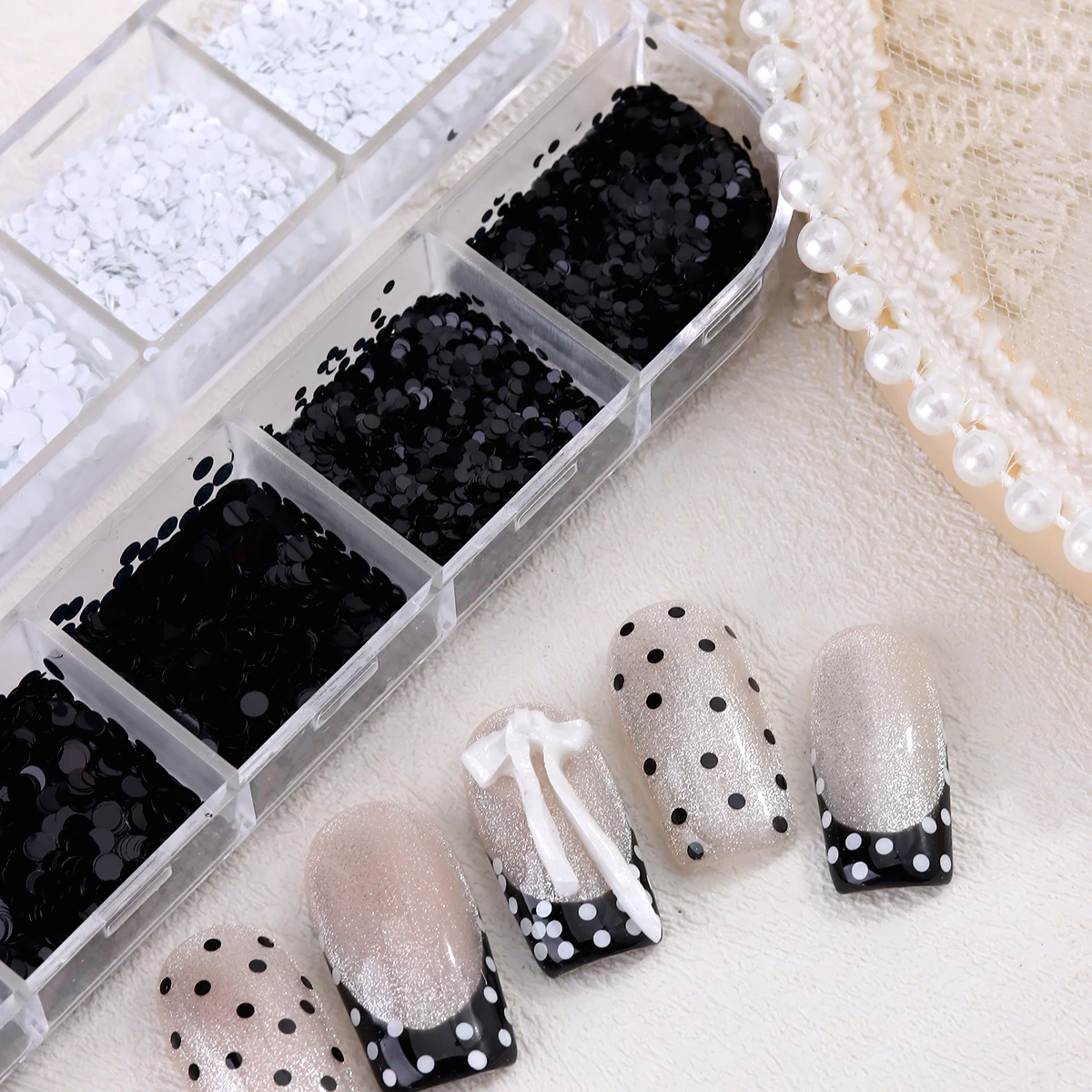 Schwarz-weiße Polka-Dot-Glitzer-Nagelkunst-Accessoires, Retro-Blumen-Patchwork-Glitzer-Nagelkunst, vielseitiger runder Punkt-Glitzer zum Selbermachen – Detail 13