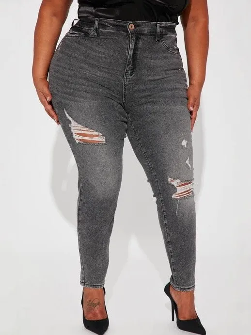 

High Waist Bla ey Waed High Elastic Skinny Jeans Women Casual Hole Tummy Control Long Pants Cotton Polyester Spandex