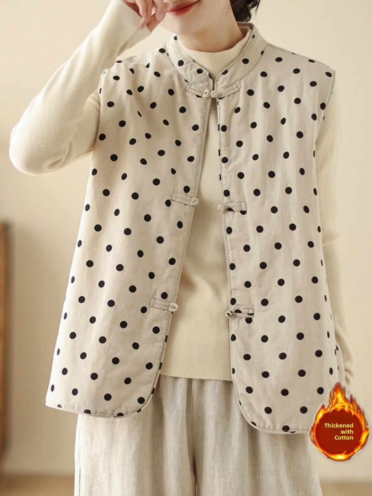 

Новый китайский хлопково-льняной жилет в горошек, женский жилет 2024, зимняя куртка с воротником-стойкой на пуговицах, верхняя одежда