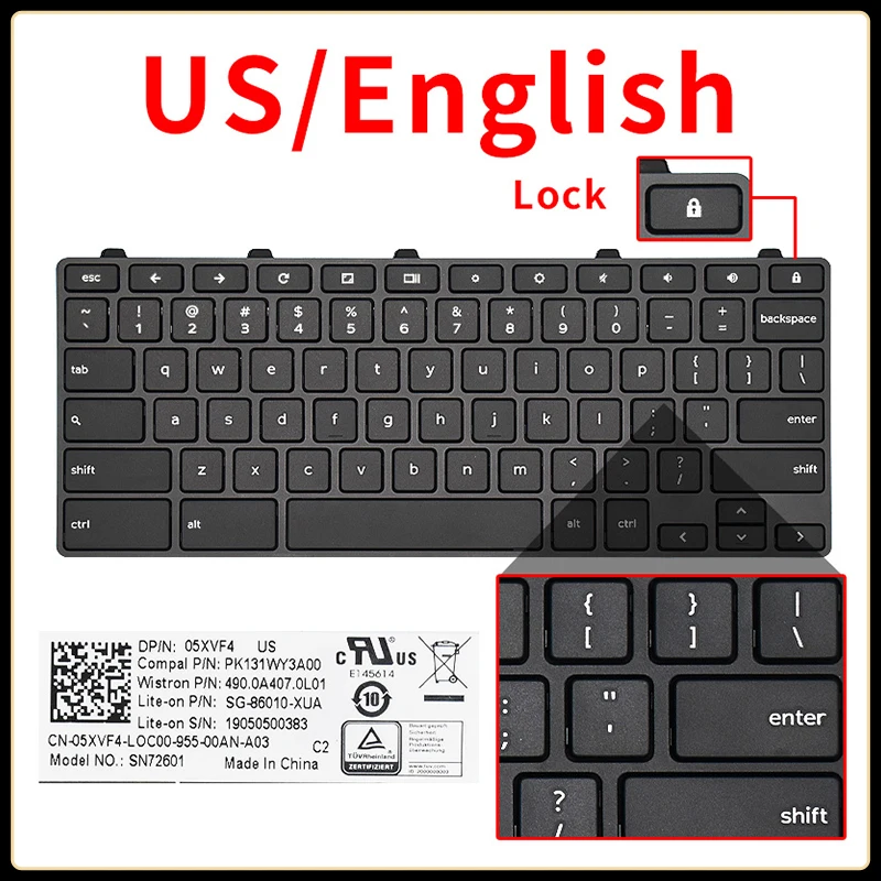 US Laptop Keyboard For DELL Latitude 3180 3181 3189 3190 3300 3310 3380 WVPK0 0K47J PK131WW4A14 Replacement