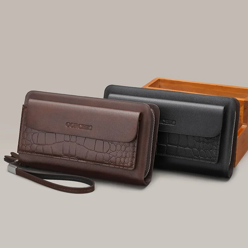 Pochette en cuir PU pour homme, porte-cartes à fermeture éclair, porte-cartes, support de téléphone, poudres ISub, porte-main, dragonne, enveloppe, sac à main pour homme, mode