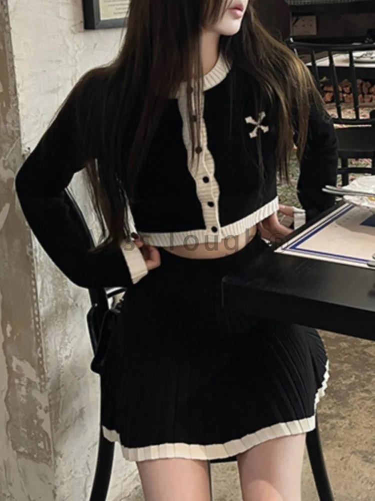 Autumn Winter Y2k 2000s Vintage 2 Piece Suit Women Korean Chic Patchwork Knitted Outfits Short Cardigan + Pleats Mini Skirt Set