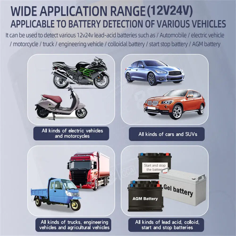 Car Motorcycle Battery Tester 12V 24V Battery System Analyzer SOH SOC CCA IR Measurement for Car Truck